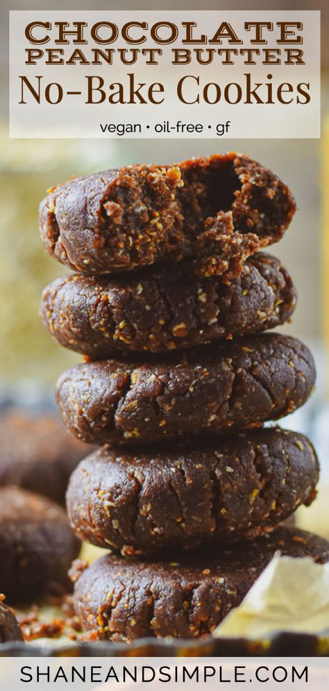 Delicious Vegan No-Bake Cookies with chocolate and peanut butter! Easy to make and perfect for a quick and healthy snack. Vegan, plant-based, and no oil! #WFPBrecipe #VeganRecipe #plantbased #withoutoil #easyrecipe #cleaneating Wfpbno Recipes, Candies Recipes, Vegan No Bake Cookies, Plant Based Cookies, Oil Free Vegan Recipes, Cookies With Chocolate, Healthy Cookie, Vegan Brownies, Plantbased Recipes