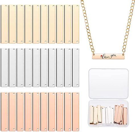 Amazon.com: 30 Piece Rectangle Metal Stamping Blank Bar Brass Stamping Tag Pendant Stamping Blank Bar Pendant Charm Horizontal Pendant Name Tag with Storage Box for DIY Bracelet Necklace (Gold, Silver, Rose Gold) Plate Jewelry, Diy Gifts For Friends, Bar Pendant, Diy Bracelet, Brass Pendant, Metal Charm, Name Tag, Sewing Stores, Brass Color