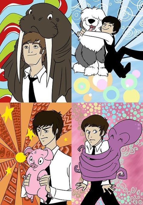 Walrus, Martha, Piggy, Octopus....awwww Made In The Am, Funny Beatles, Beatles Drawing, Martha My Dear, Beatles Fan Art, Beatles Funny, Beatles Cartoon, I Am The Walrus, Personajes Studio Ghibli