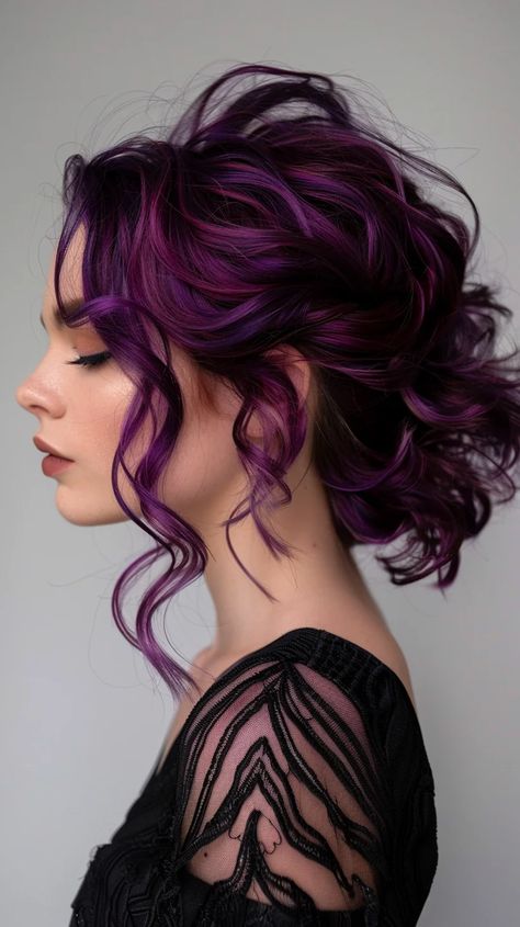 40 Prettiest Purple Hair Color Ideas To Make Your Hair Pop Highlights For Purple Hair, Dark Hair Vivids, Magenta Balayage Hair, Wicca Hairstyles, Deep Purple And Blonde Hair, Lavender Ombre Hair Brown, Fashion Colour Hair Ideas, Violet Red Hair Color Formula, Vivid Color On Curly Hair