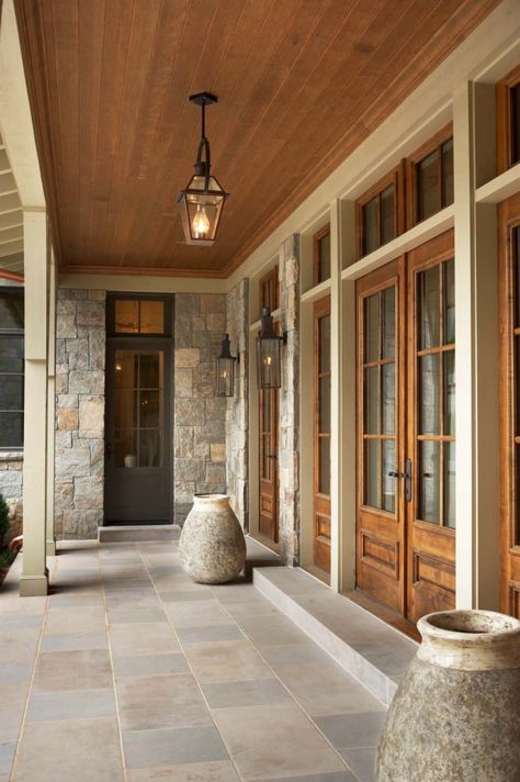 Breathtaking waterfront house on Lake Keowee inspires tranquility Front Porch Stone, Casas Coloniales, Casa Vintage, Porch Flooring, Patio Flooring, Waterfront Homes, Porch Patio, Patio Doors, Luxury Interior Design