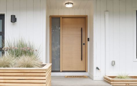 Exterior House Doors Front Entry Modern, Big Wood Front Door, Japandi Front Door Design, White Oak Exterior Doors, Double Front Entry Doors Modern Mid Century, Solid Wood Double Front Doors, Exterior Door No Window, Cedar Entry Door, Front Door Wood Modern