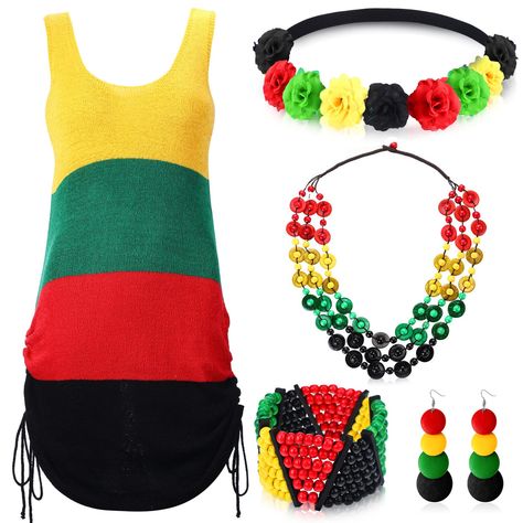 PRICES MAY VARY. Jamaican Outfits for Women: Juneteenth jewelry set including 1 piece of African bracelets, 1 piece of floral flower crown, 1 pair of African dangle earrings, 1 piece of wooden bead necklace and 1 piece of Jamaican swimsuits for women, containing black, green, yellow, red, they will add an ethnic touch for you Juneteenth Outfit Multiple Colors: Jamaican jewelry accessory set and summer bathing suit cover ups adopts African style designs, extensive use of the black, red, yellow an Jamaican Outfits For Women, Jamaican Necklace, Jamaican Outfits, Jamaican Jewelry, Juneteenth Outfit, African Beach, African Bracelet, Cruise Life, Yellow Headband