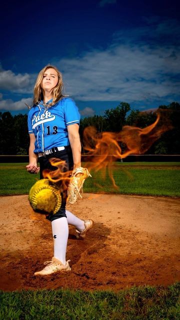 Senior Picture Ideas For Softball Players, Softball Pitcher Senior Pictures, Softball Pitcher Pictures Poses, Softball Pictures Poses Individual Pitcher, Softball Pictures With Fire, Softball Fire Pictures, Softball Photoshoot Ideas, Softball Portraits, Softball Photoshoot