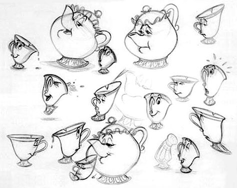 Film: Beauty & The Beast ===== Character Design: Mrs Potts & Chip Disney Character Sketches, Random Reference, Mrs Potts, The Beauty And The Beast, Walt Disney Characters, Cartoon Disney, Animation Sketches, Disney Concept Art, Disney Sketches