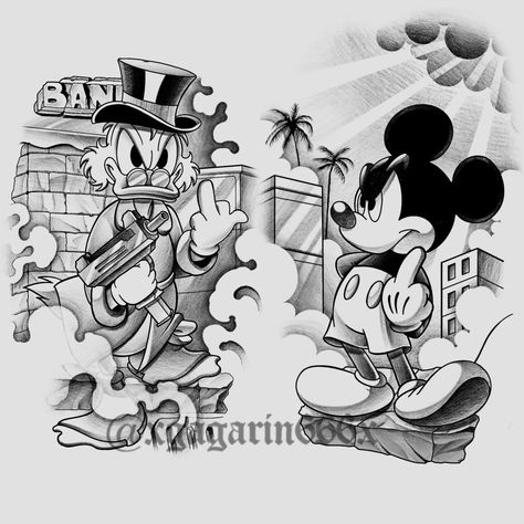 Gangsta Cartoon Tattoo, Men’s Half Sleeve Tattoo Designs, Scrooge Mcduck Tattoo Design, Cartoons Tattoo Design, Scrooge Mcduck Drawing, Scrooge Tattoo, Tattoo Designs Disney, Chicano Tattoo Sketch, Mickey Mouse Tattoo Design