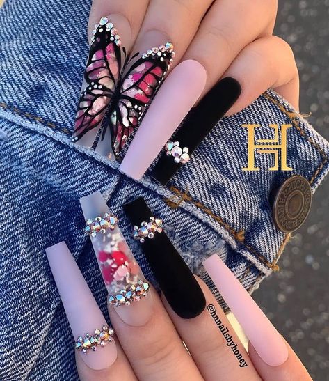 Nails Vibes on Instagram: “Extra long coffin nails 💅1-7? 👌 Follow @nailsvibez  By @hnnailsbyhoney” Ongles Bling Bling, Nagellack Trends, Nails Design With Rhinestones, Long Acrylic Nails Coffin, Coffin Nails Long, Bling Acrylic Nails, Acrylic Nails Coffin Short, Summer Acrylic Nails, Butterfly Nail