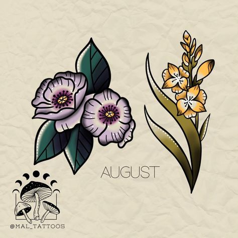 🌼🌸 BIRTH FLOWER FLASH DESIGNS 🌸🌼 Hey folks! Mallory here, bringing back some of your favorite birth flower traditional tattoo flash designs! 🌺💐 Ever wanted to carry around a piece of nature without the pesky watering? Now’s your chance! For just $50 to book, you can have a gorgeous flower that’ll never wilt (unless you forget sunscreen 😅). These beauties are repeatable, so bring your friends, your mom, or anyone who loves a good floral tattoo! 🌻 DM to book and let’s get you inked up with s... Traditional Tattoo Color Palette, Traditional Tattoo Flowers Black, Flower Traditional Tattoo, Butterfly Tats, Floral Reference, Flower Flash, Forget Me Not Tattoo, Traditional Tattoo Drawings, Trad Tattoos