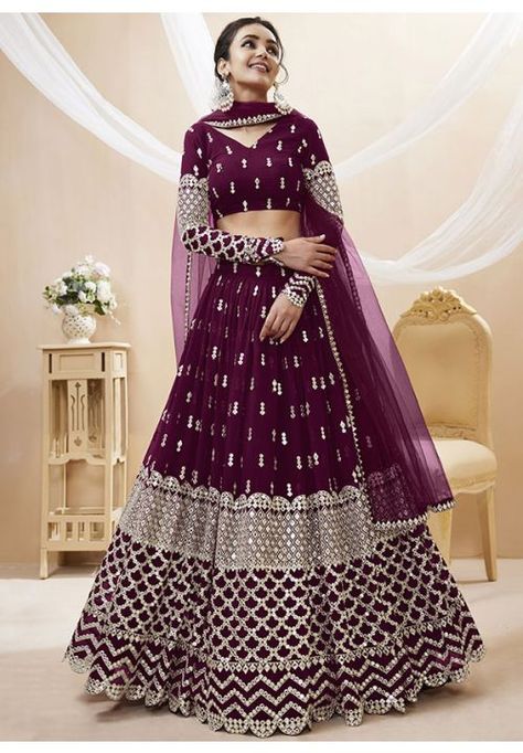 Wine Embroidered Georgette Lehenga Choli Purple Lehenga, Lehenga Bridesmaid, Lehenga Choli Designs, Ghaghra Choli, Georgette Material, Indian Wedding Lehenga, Bridesmaid Lehenga, Indian Lehenga Choli, Lehenga Choli Wedding