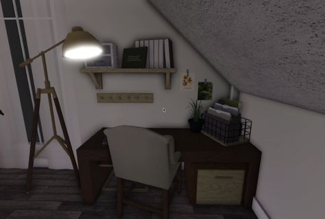 Dark Academia Room Bloxburg, Bloxburg Bedroom Ideas Dark Academia, Dark Academia Bloxburg Bedroom, Rustic Bloxburg Bedroom, Desk Bloxburg, Dark Academia Bloxburg House Interior, Dark Modern Bedroom Bloxburg, Bloxburg Bedroom Ideas Modern, Bloxburg Desk Ideas