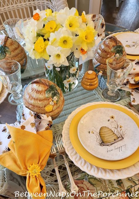 Honey Bee Theme for a Spring Table Setting Daffodil Centerpiece, Tropical Napkins, Honey Bee Theme, Bee Napkins, Old Time Pottery, Spring Table Settings, Spring Entertaining, Redbud Tree, Bee Skep