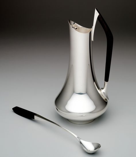 “Circa ‘70” pitcher-mixer with mixer spoon, Gorham Manufacturing Company, manufacturer, Providence, R.I., designed 1960. Silver and ebony. Wine Pitcher, Dallas Museum Of Art, Providence Rhode Island, Art Shows, Corkscrews, Cocktail Shakers, Punch Bowls, Vintage Barware, Art Masters