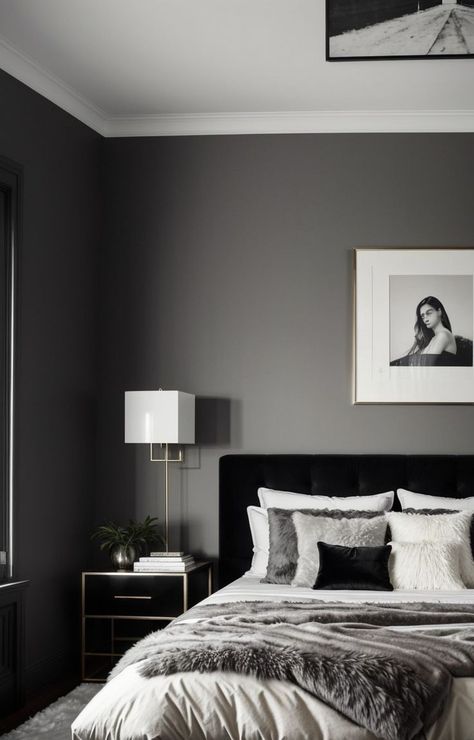 Black White Grey Leather Bedroom, Black And White Grey Bedroom, Bedroom Gray Aesthetic, Dark Grey Modern Bedroom, Dark Gray Room Aesthetic, White And Grey Bedroom Aesthetic Modern, Black And White Interior Design Bedroom, Black White Grey Bedroom Ideas, Black And White Bedroom Aesthetic Modern