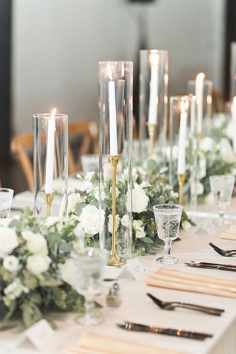 Tall Table Decorations Wedding, Wedding Long Table Centerpieces, Tapper Candles Wedding, Wedding Centerpiece Taper Candles, White Floral Centerpieces With Candles, Neutral Candles Wedding, Tall Candle Centerpieces Wedding, White Florals And Candles Wedding, Wedding Esthetics