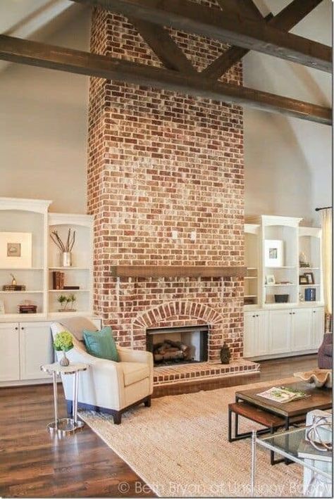 Did you ever think brick fireplaces would become popular again….or that people would actually want to include them in their “must haves” for their new home builds??!! Well, I am here to tell you – yes & well… YES.  They are still going strong my friend.  35 Gorgeous Natural Brick Fireplace Ideas (Part 2) and you won’t want to miss all the good info!! And for those of you have “remove ugly brick fireplace” on your bucket list, there is hope for you too.  You can white-wash it, or thanks to Chip Red Brick Fireplaces, Faux Beams, Farmhouse Fireplace, Ideas Ikea, Trendy Living Rooms, Indoor Fireplace, Home Fireplace, Brick Fireplace, Cool Ideas