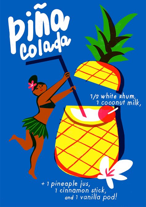 Pina Colada poster - for Nham Nham summer collection on Behance Outline Artists, Pineapple Illustration, London Transport Museum, Cocktail Illustration, Summer Poster, Summer Illustration, Retro Summer, Summer Design, Pina Colada