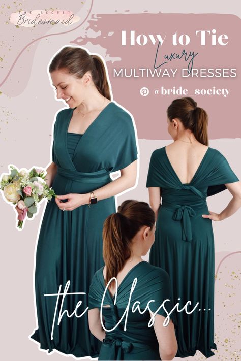 Dark green, full length bridesmaid luxury multiway dress in 3 different styles. Infinity Dress Accessories, Infinity Dress Ways To Wear Big Bust, Multiway Dress Tutorial, Multi Way Dress Styles, Infinity Dress Styles Tutorials, Multiway Dress Styles, Infinity Dress Ways To Wear, Infinity Dress Styles, Bridesmaid Wrap