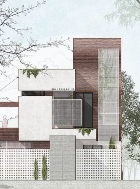 Minimalist House Elevation, Koshino House, Narrow House Designs, Architecture Blueprints, House Outer Design, Architecture Elevation, Facade Architecture Design, Architectural Rendering, Townhouse Designs