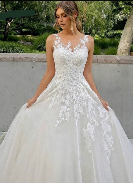 Wedding Dresses With Covered Back, Lace Illusion Neckline Wedding Dress, Simple But Cute Wedding Dresses, A Line Wedding Dress Fall, Illusion Top Wedding Dress, Wedding Dresses Illusion Neckline, Floral A Line Wedding Dress, Wedding Dresses Simple Elegant Classy, Wedding Dresses A Line Princess