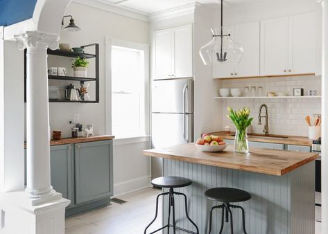 Beadboard Kitchen Island, Cheap Kitchen Makeover, Beadboard Kitchen, Traditional Kitchen Island, Kitchen Diy Makeover, Countertop Design, Light Hanging, Cheap Kitchen, Wood Countertops