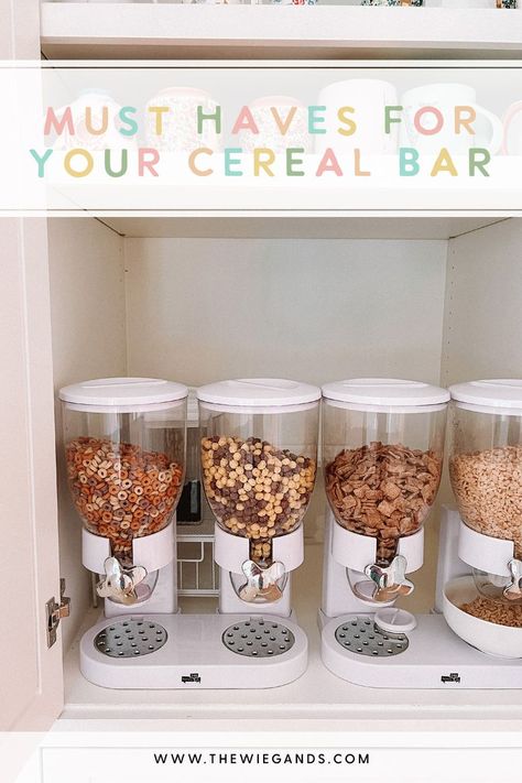 Our cereal bar was such a fun additon to our kitchen and was a game changer when it came morning guests helping themselves! Here is a list of my top cereal bar decor items. Click the link for more! Wedding Cereal Bar, Cereal Bar Kitchen, Cereal Station At Home, Cereal Buffet Bar, Cereal Bar Party, Cereal Bar Ideas, Cereal Bars Party, Cereal Station, Cereal Buffet