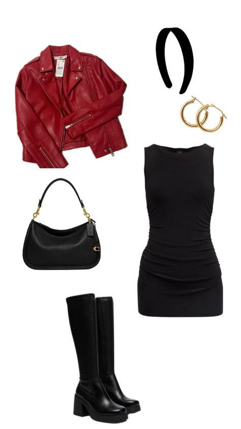 black dress, leather jacket, black boots, gold jewelry Black Dress With Leather Jacket Outfit, Black Outfit With Red Accessories, Red Dress Black Jacket, Black And Gold Aesthetic Fashion, Black Leather Jacket Outfit Winter, Leather Jacket And Dress Outfit, Leather Jacket And Skirt Outfit, Black Dress And Leather Jacket, Black Dress Leather Jacket