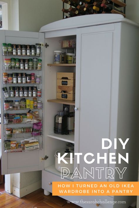 www.thesarahchallenge.com diy kitchen pantry Armoire For Kitchen Storage, Upcycled Pantry Cabinet, Wardrobe Kitchen Storage, Wardrobe To Larder Cupboard, Wardrobe To Pantry, Armoire Pantry Diy, Diy Larder Cupboard, Wardrobe In Kitchen, Diy Kitchen Pantry Cabinet Freestanding