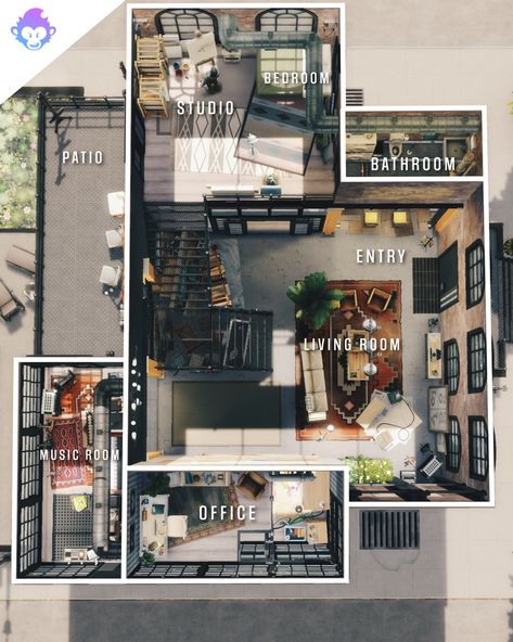 Sims 4 City Living Apartments, Loft Apartment Layout, Loft Apartment Floor Plan, Industrial Loft House, Sims 4 Penthouse, Loft Apartment Industrial, Sims 4 Loft, Loft Layout, Sims 4 Houses Layout