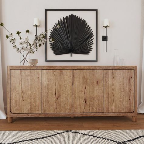 With its dynamic grain pattern and minimalist, this oak wood sideboard brings lasting, organic beauty to any room. Two removable, adjustable shelves and two cable holes makes this piece an ideal storage solution for all your needs. Decoration Buffet, Sideboard Decor, Buffets And Sideboards, Wide Sideboard, Dining Room Buffet, Kitchen Sideboard, Online Furniture Shopping, Wood Sideboard, Sideboard Buffet