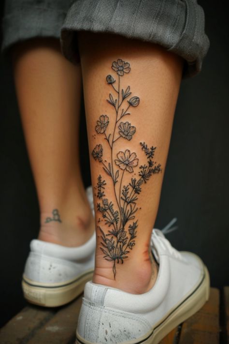 Explore breathtaking wildflower tattoo ideas for women that beautifully exemplify the essence of nature. These delicate floral designs are perfect for anyone looking to add a touch of elegance and vibrancy to their body art collection. Whether you prefer small, dainty wildflowers or intricate, colorful arrangements, there is a design out there that will perfectly capture your unique style and personality. Adorn yourself with the beauty and symbolism of wildflowers with these stunning tattoo insp Wildflower Tattoo On Ankle, Elegant Womens Tattoos, Wildflower Armband Tattoo, Nature Witchy Tattoos, Wild Flower Tattoo Ideas, Lower Leg Flower Tattoos Women, Small Wildflower Tattoo Color, Tattoo Arm Fillers, Wild Flower Vine Tattoo