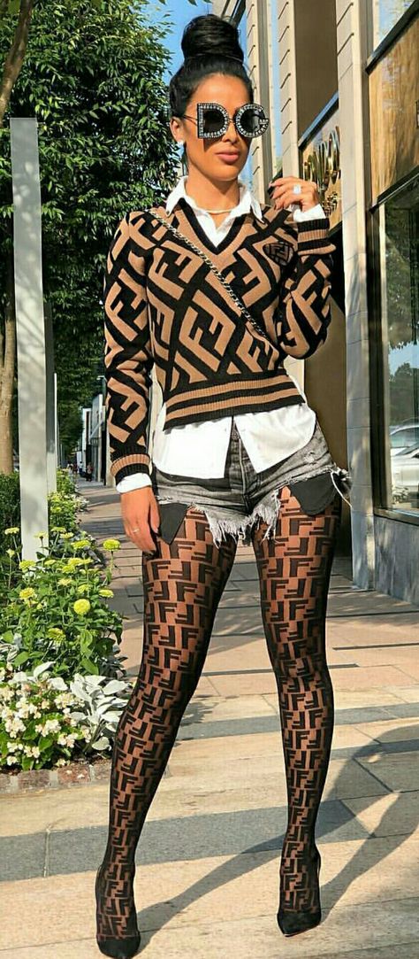 I am not into branding myself to look like a walking billboard...but strangely I like this... Stockings Outfit, Fendi Accessories, Older Women Fashion, Follow Back, Black Women Fashion, Philadelphia Pa, Black Tights, Street Chic, Ladies Tops Fashion