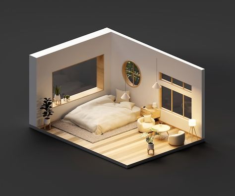 Isometric Room 3d, Rendering Digital Art, Fairy Tale Room, 3d Interior Design Rendering, Bedroom Render, Bedroom Diorama, Isometric Rooms, Minimal Cafe, Isometric Room