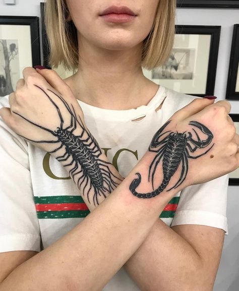 Out of Step Books & Gallery on Instagram: “Super rad #scorpion #centipede #hand #tattoos by @_lipa_ whose work we love and are so happy to include in our 480-page "Antennae of…” Scorpion Animal, Scorpion Tattoos, Latest Tattoo Design, Scorpio Tattoo, Insect Tattoo, Handpoke Tattoo, Scorpion Tattoo, Fire Tattoo, Octopus Tattoo