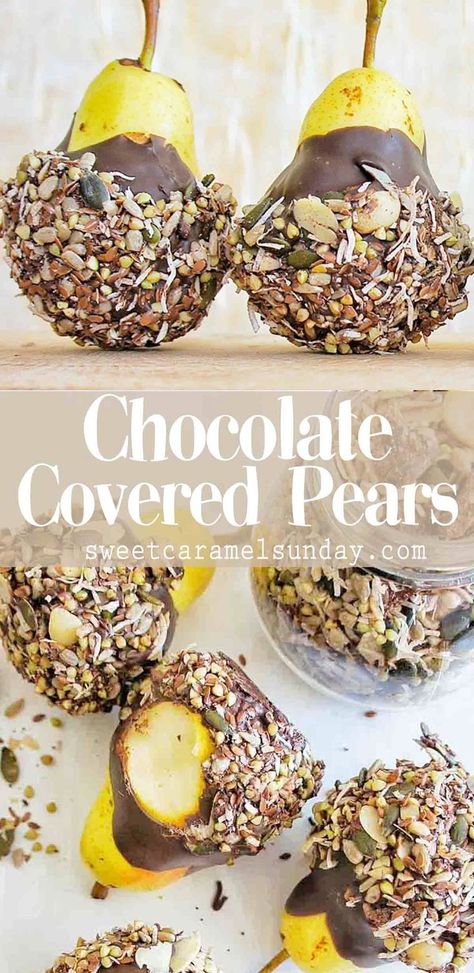 Chocolate Covered Pears using melted dark chocolate and crunchy granola. #easy #recipe #dessert #chocolate #sweetcaramelsunday Chocolate Covered Pears, Granola Easy, Breakfast Platter, Crunchy Granola, Sunday Recipes, Dessert Easy, Recipe Dessert, Dessert Chocolate, Pear Recipes