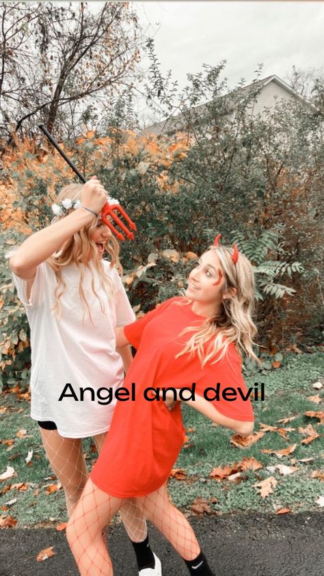 Halloween Costumes With Overalls, Angel And Devil Costume, Best Friend Halloween, Girl Group Halloween Costumes, Teenage Halloween Costumes, Old Halloween Costumes, Cute Group Halloween Costumes, Halloween Costumes For Teens Girls, Matching Halloween Costumes