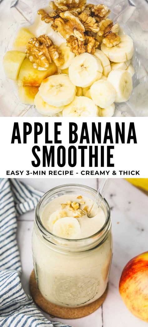 Whip up a nutritious apple banana smoothie in just 3 minutes! This easy recipe lets you choose between fresh or frozen fruits. Use your favorite apple variety and blend it into a creamy, thick, and dairy-free delight with almond milk. It's a simple and vitamin-packed breakfast option that's both satisfying and delicious. Apple Banana Smoothie, Milk Smoothie Recipes, Mixed Fruit Smoothie, Banana Oat Smoothie, Apple Smoothie Recipes, Smoothie Recipies, Banana Apple Smoothie, Packed Breakfast, Recipe For 1