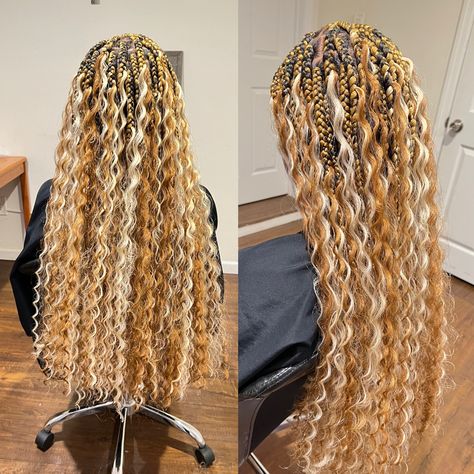 Goddess Braids Multi Color, Honey Blonde Goddess Braids Black Women, Honey Blonde Goddess Knotless Braids, Blonde And Brown Goddess Braids, Bohemian Goddess Braids With Color, Gold Goddess Braids, Colored Goddess Braids, Light Brown Goddess Braids, Honey Blonde Goddess Braids