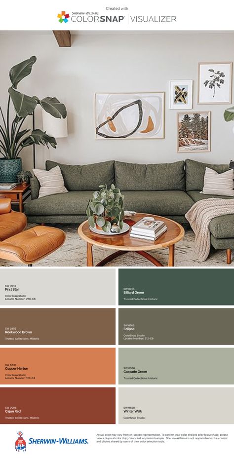 Green Color Family, Rust And Green Living Room Decor, Tan And Green Color Scheme, Earthy Living Room Colors, Apartment Decorating Color Schemes, Green Grey Rust Color Palette, Green Interior Color Scheme, Green Brown Interior Design, Apartment Decor Color Schemes