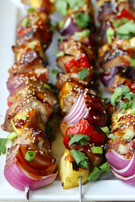 Grilled Teriyaki Pork Skewers Bbq Meat Ideas, Pork Kebabs, Bbq Meats, Pork Kabobs, Greek Menu, Teriyaki Pork, Pork Skewers, Grilling Kabobs, Recipes Bbq