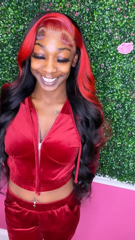 Red Highlights On Wig, Wig With Red Highlights Black Women, Black Wigs With Red Highlights, Black Wig With Red Skunk Stripe, Wig With Red Skunk Stripe, Wigs With Red Highlights Black Women, Black And Red Wigs For Black Women, Skunk Stripe Sew In, Red And Black Sew In