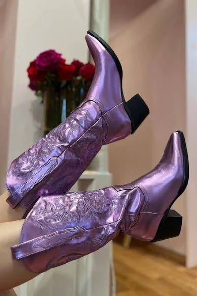 Pink Boots Outfit, Vintage Disco, Purple Boots, Metallic Boots, Pink Boots, Cute Boutiques, Western Boot, Metallic Pink, Black Metallic