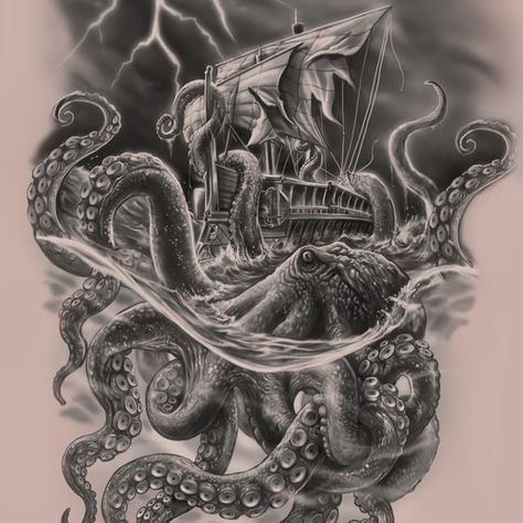 Kraken Shipwreck Tattoo, Kraken Back Tattoo, Dark Nautical Tattoo, Sunken Ship Tattoo Shipwreck, Kraken Attacking Ship Tattoo, Map Chest Tattoo, Ship Kraken Tattoo, Seaman Tattoo Design, Burn The Ship Tattoo