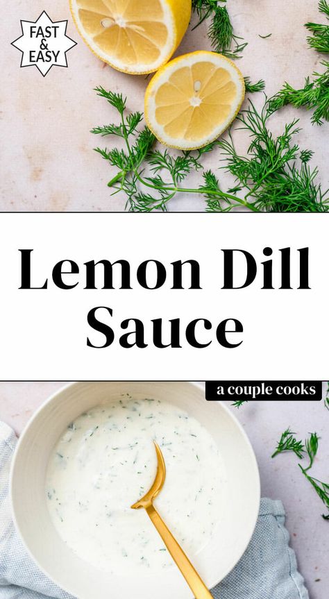 This lemon dill sauce is quick and easy! It takes just 5 minutes to stir together and is perfect on salmon or as a dip for veggies. #dillsauce #lemondillsauce #dill #dillrecipe #dillsauceforsalmon Lemon And Dill Sauce, Lemon Chive Dipping Sauce, Lemon Dill Dip, Outback Tiger Dill Sauce, Salmon Dill Sauce Recipes, Lemon Butter Dill Sauce For Salmon, Dill Sauce For Salmon Patties, Lemon Dill Sauce For Fish, Dill Sauce For Salmon Easy