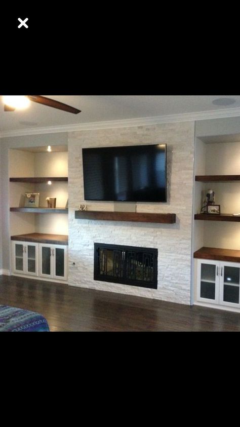 Off Center Fireplace With Tv Stone, Built In Dog Crate Tv Stand, Soundbar Mantle, Brick Media Wall, Rustic Media Wall, Electric Chimney Living Rooms, Entertainment Center Ideas With Fire, Electric Fireplace Ideas With Tv, Media Wall With Fireplace