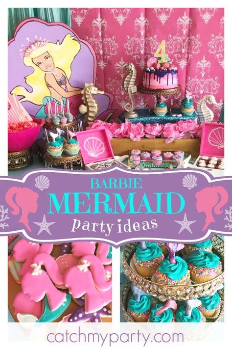 Don't miss this lovely Barbie Mermaid inspired birthday party! The cookies are so much fun!! See more party ideas and share yours at CatchMyParty.com #catchmyparty #partyideas #mermaidbirthdayparty #barbiebirthdayparty #underthesea #girlbirthdayparty Barbie Mermaid Party Ideas, Barbie Mermaid Birthday Party Ideas, Conjoined Birthday Party Ideas, Mermaid Barbie Party, Mermaid Barbie Birthday Party, Barbie Mermaid Birthday Party, Barbie Mermaid Birthday, Barbie Mermaid Cake, Mermaid Barbie Cake