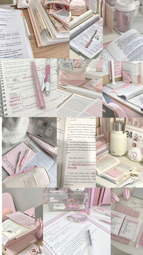 STUDY PINK.🎀 Pink Study, Studying Stationary, Pink Academia, Cute Stationary School Supplies, Hate School, Study Board, Pink Life, Academic Motivation, Stationary School