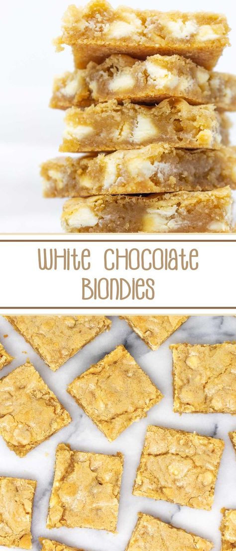 White Chocolate Blondies - soft and chewy, mouth-watering vanilla brownies with white chocolate chips. #whitechocolateblondies #vanillabrownies #dessertbars #whitechoocolate #blondies #blondiebars #whitechocolatechips #vanillabrowniesblondies via @SarahsBakeStudio Brownies White Chocolate Chips, Chocolate Blondies Recipe, Vanilla Brownies, Tartiflette Recipe, White Chocolate Brownies, White Chocolate Blondies, Blondies Recipe, Oreo Dessert, Chocolate Chip Cookie Dough