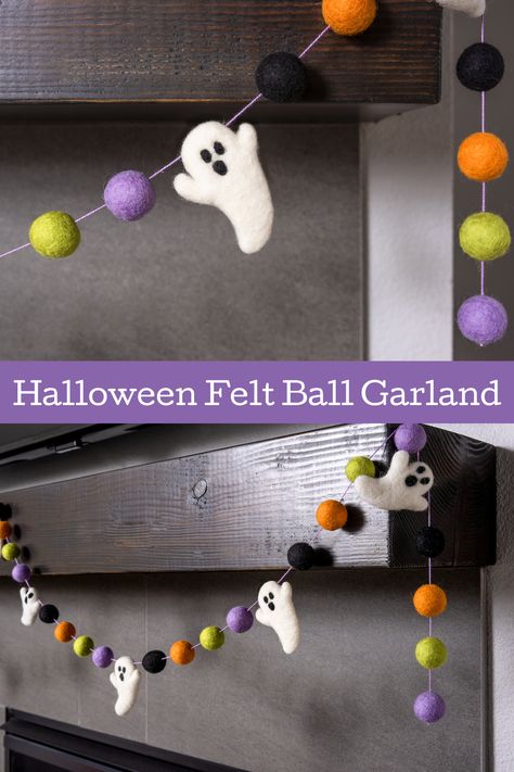 Make a Halloween felt ball garland perfect for decorating a doorway or a mantel! This is easy to make and looks great with any decor. Halloween Felt Ball Garland, Felt Ball Decorations, Halloween Garlands Diy, Halloween Felt Garland Diy, Diy Mantle Garland, Diy Halloween Garland Indoor, Halloween Garland Ideas, Halloween Diy Garland, Felting Halloween