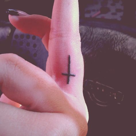 Finger tattoo Upside Down Cross Tattoo, Cross Finger Tattoos, Upside Down Cross, Finger Tattoo For Women, Ethel Cain, Skeleton Tattoos, Stick N Poke Tattoo, Finger Tattoo, Poke Tattoo