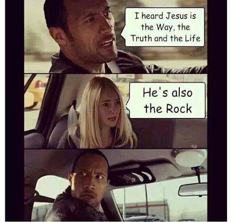 Jesus is the Rock  The Rock Dwayne Johnson Tom Araya, Jesus Jokes, Bible Jokes, Funny Christian Jokes, Christian Thoughts, Jw Humor, 5 Solas, Church Memes, Church Humor